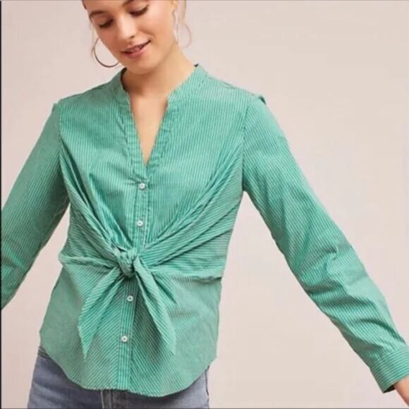 Anthropologie Maeve Front Tie Blouse Green Stripe Stretch Button Down Size 8 - Picture 1 of 7